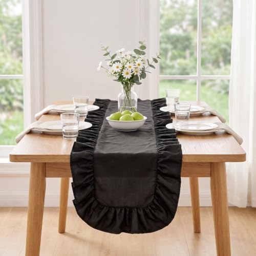Black Satin Ruffle Table Runner Set - 3 Pack, 14x118 Inches, Formal Decor