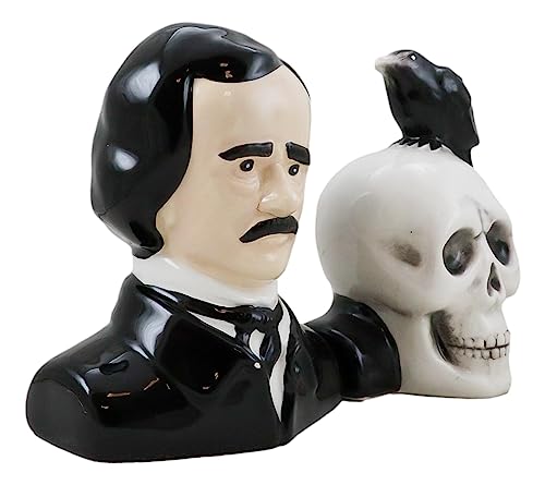 Gothic Edgar Allen Poe & Black Raven Skull Salt & Pepper Shakers Set - Macabre Decor