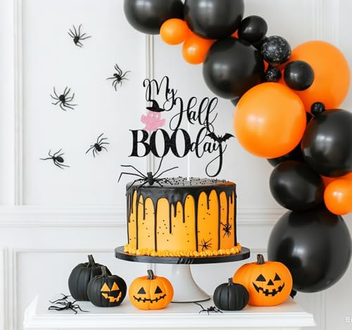 Halloween Half Birthday Cake Topper Pink Glitter Spooky Celebration Decor