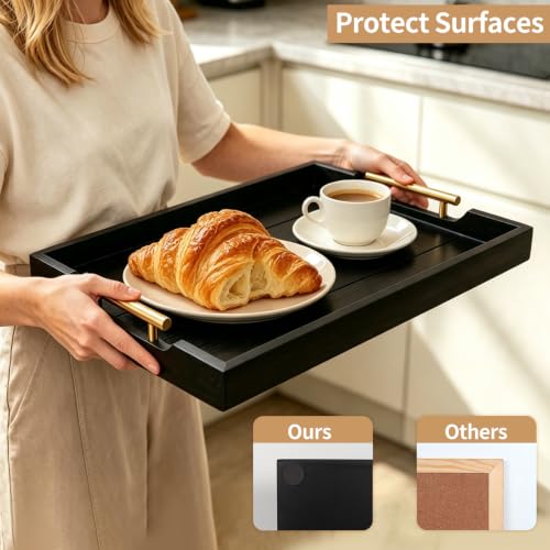 Large Black Wooden Serving Tray with Handles - Rustic Home Decor