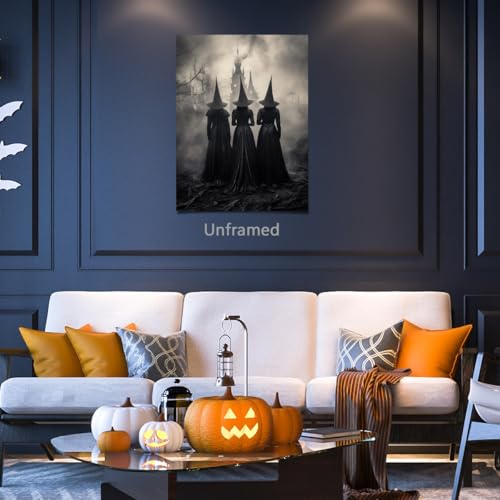 Unframed Halloween Wall Art - Gothic Three Witches Canvas Print - 12x16 Inches