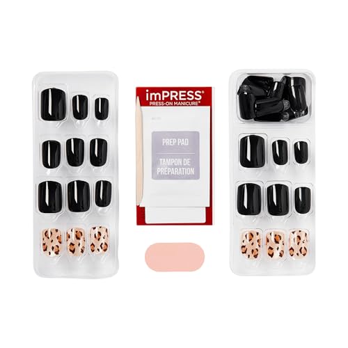 Press On Nails No Glue Manicure Kit - Short Squoval Black Design, 30 Nails