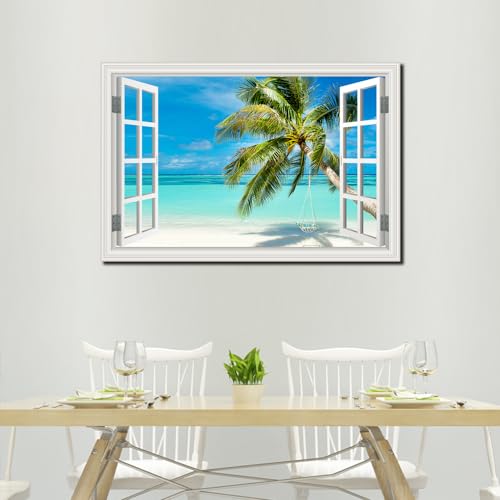 Beach Palm Tree Wall Art Canvas - 36x24 Inch Seascape Print with Fake Window Frame - Tropical Beach Decor