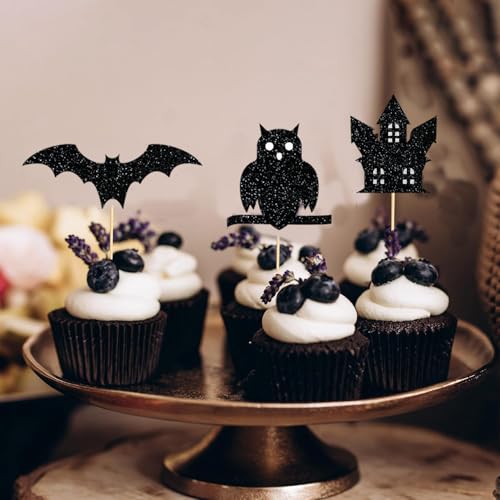 Halloween Cupcake Toppers 36Pcs Spooky Party Decor Bat Skull Ghost Owl