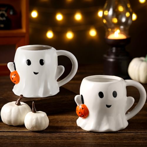 Halloween Ghost Coffee Mug Set - 12 oz Ceramic Boo Cups with Handle