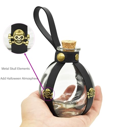 Dark Magic Potion Bottle for Halloween Cosplay - 8.5oz Black Wizard Witch Costume Accessory with Cork Stopper & Leather Loop