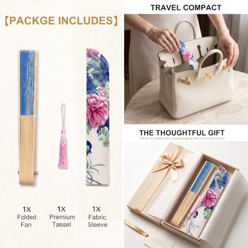 Women’s Foldable Vintage Bamboo Silk Fan - Sky Blue Handheld Fan with Tassel
