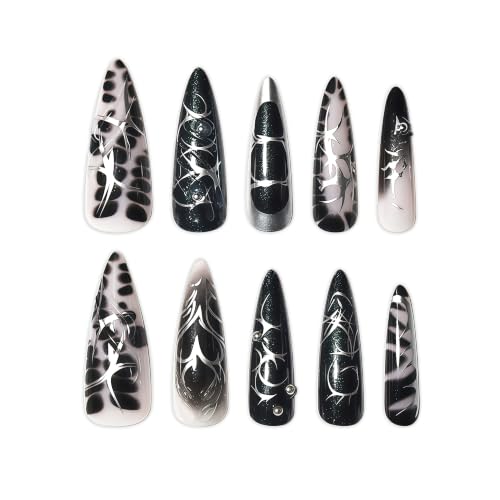 Halloween Long Stiletto Press-On Nails - Black Goth Fake Nail Set 24pcs - Multicolor-007211