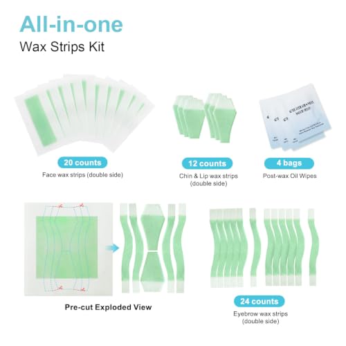 Waxfans 52PCS Face & Eyebrow Wax Strips Kit - Includes 1 Pack with 4 Post-Wax Oil Wipes