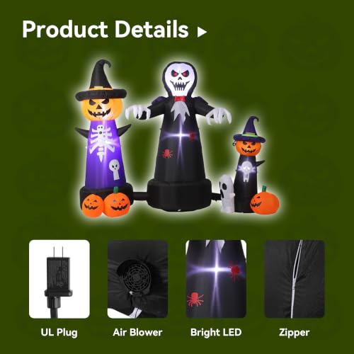 Large Outdoor Halloween Inflatable Decor with LED Lights, Grim Reaper & Pumpkins - 9FT