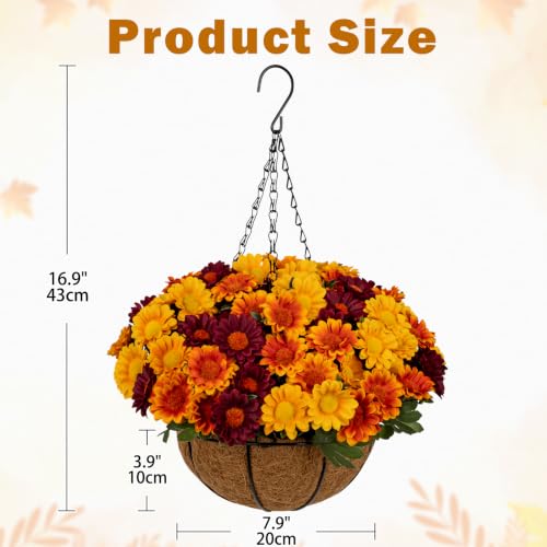 8-Inch Autumn Hanging Basket with Burgundy, Orange & Yellow Daisies - Fall Decor
