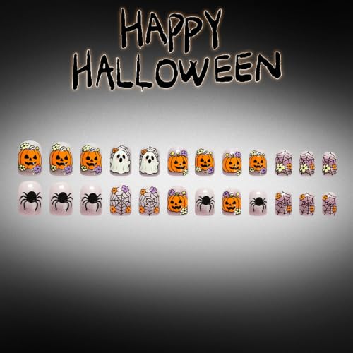 Halloween Press-On Nails Short Square with Ghost Spider Web Glitter - Light Purple 24 Pack
