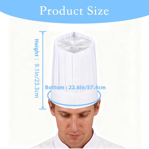 24 Pack Disposable Chef Hats - 9 Inch Adjustable Tall White Paper Kitchen Caps