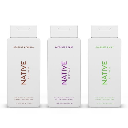 Native Body Wash - Naturally Derived Ingredients for Soft, Hydrated Skin | Coconut & Vanilla, Lavender Rose, Cucumber Mint | 18 oz, Pack of 3