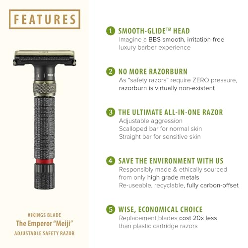 VIKINGS BLADE Adjustable Double Edge Safety Razor + Luxury Case. Smooth, Reusable, Eco-Friendly (The Emperor “Meiji”)