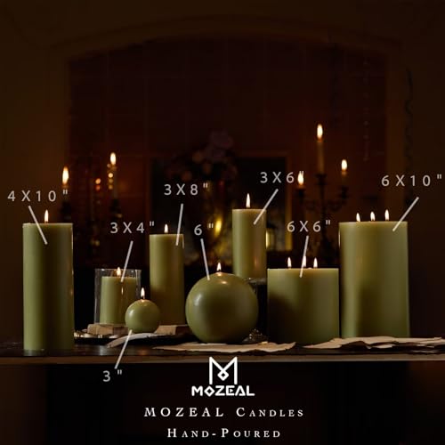 3x4 Inch Unscented Olive Green Candle Set - Dripless Moss Green Pillar Candles, Rustic Home Decor
