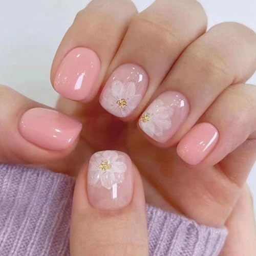 Pink Acrylic Short Square Nails with Iced Camellia Design - 32pcs Press On Fake Nails