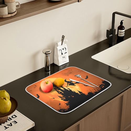 Halloween Witch Castle Dish Drying Mat - Microfiber Absorbent Kitchen Counter Pad 18x24 Inches Variation of THIS listing