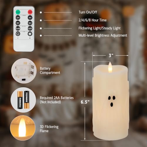 Halloween Ghost Flameless Candles Set - Remote Timer & Real Wax, 2 Pack