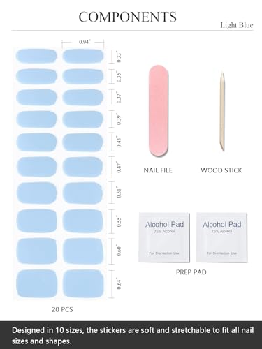 Semi Cured Gel Nail Strips Light Blue - 20 Pcs Salon Quality Nail Wraps