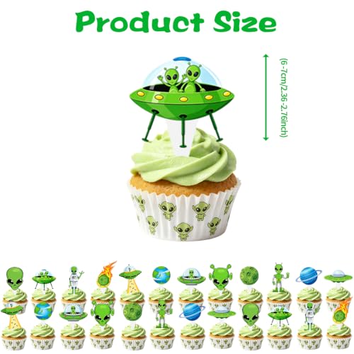 Alien Cupcake Toppers Set of 48 - Space Theme Cake Decorations for Party, Halloween, Birthday