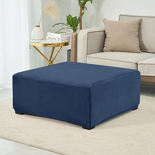 Medium Blue Velvet Ottoman Cover - Square Slipcover with Elastic Bottom, Washable & Protective