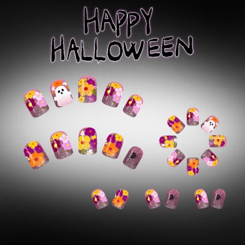 Halloween Short Square Fake Nails with Ghost & Flower Designs - 24 Pcs Plus Variation 25