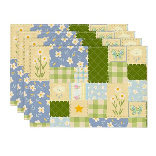 Patchwork Buffalo Plaid Floral Placemats Set of 4 - Seasonal Summer Table Decor