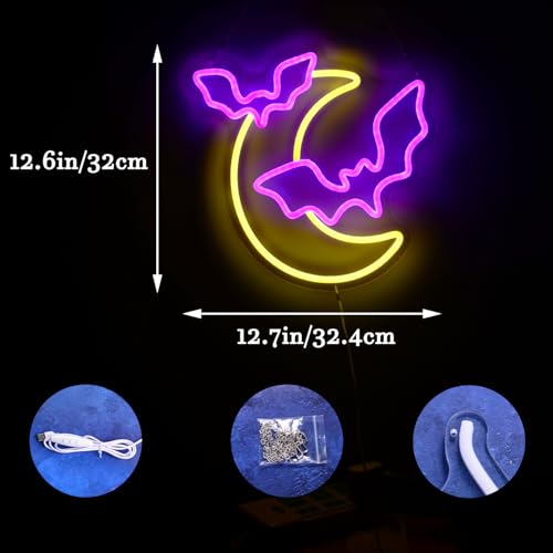 Halloween Neon Sign Moon and Bat LED Light - Halloween Party Decorations - Variation: Moon Bat