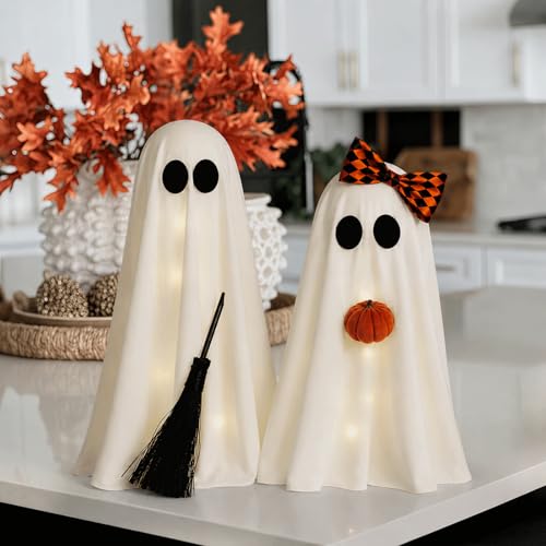 2 Pack Lighted Ghost Decorations with Broom & Pumpkin - Indoor Halloween Decor - Variation of This Listing