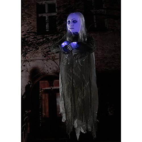 Animated Hanging Ghost Girl Halloween Decor - Glowing Head & Creepy Sounds, 48 Inch with Gray Variation