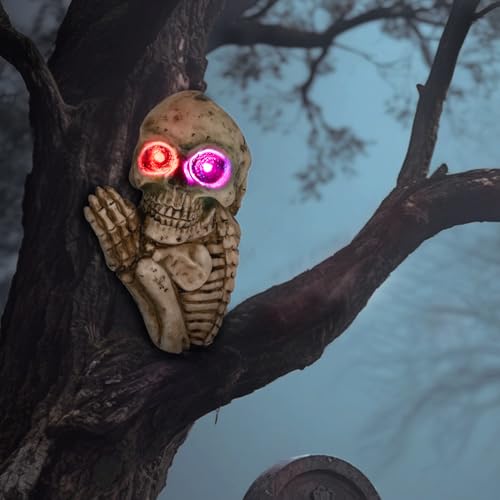Aged Halloween Skull Solar Light Outdoor 9'' Spooky Skeleton Garden Decor - Ghost & Tree Peeker