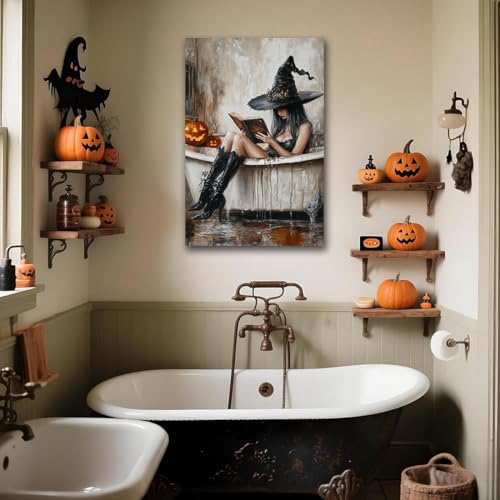 Halloween Witch Reading Wall Decor - Bathtub Pumpkins Poster Print 16x24 - Style 6