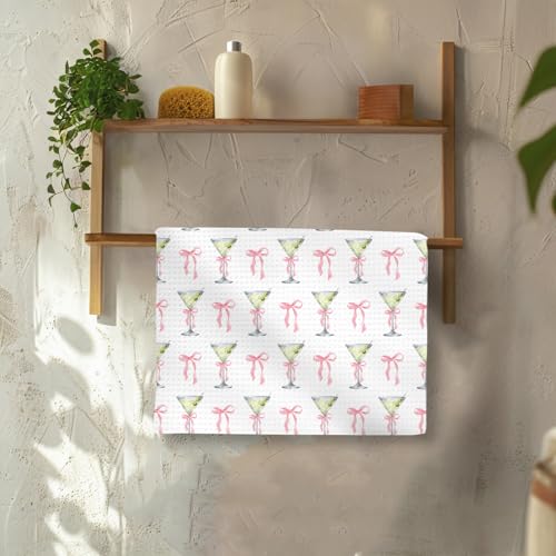 Bow Martini Decor Kitchen Towels Set of 2 - Pink Bow Martini Hand Towels