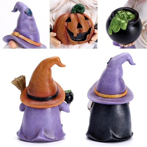 Large Halloween Gnome Decor Set - 2 Resin Figurines with Witch Hat & Broom, Indoor & Outdoor - Valery Madelyn