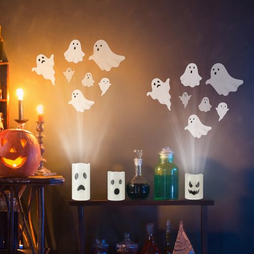 Halloween Ghost Projector Candles Set - Flameless LED Party Decor - 3 Pieces - Ghost Variation