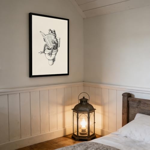 Bathroom Frog Canvas Wall Art - 12x16 Inch Funny Toilet Reading Frog Decor - Black Frame