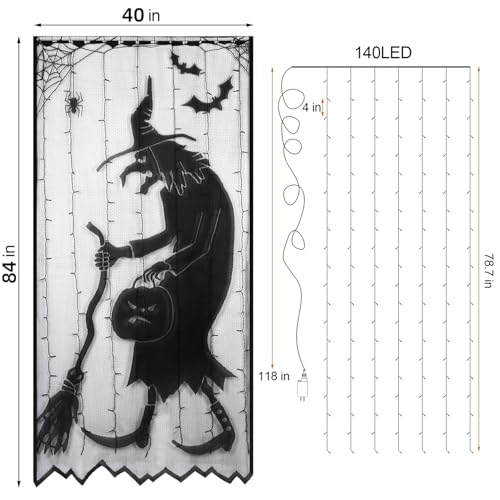 Lighted Halloween Curtain with Purple LEDs & Black Lace Witch Pattern - 40x84 Inch Decor