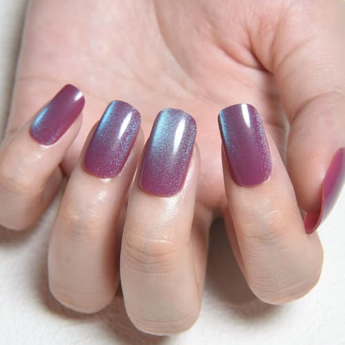 evpct Mauve Blue Reflective Cat Eye Press-On Nails Medium Square - Pack of 1