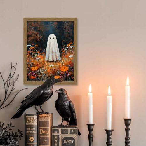 Ghost Flowers Fall Wall Art Canvas - Framed Autumn Forest Halloween Decor 8x10 Inch