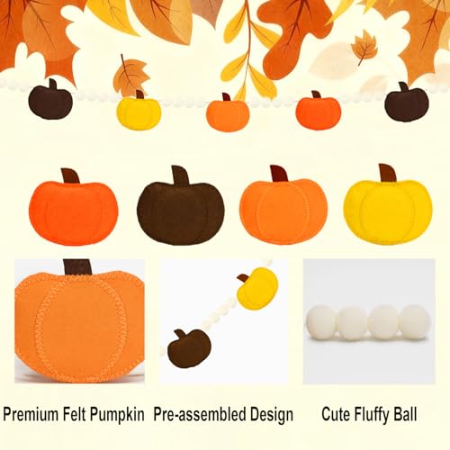 Fall Pumpkin Garland Decor - Pre-Strung Autumn Felt Banner for Thanksgiving & Halloween