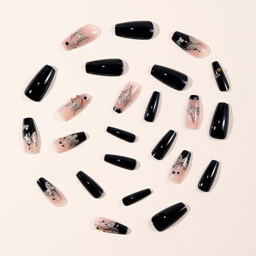 Press on Nails Long Coffin Shape French Gradient with Gold Glitter Butterfly Pattern - Variation 13