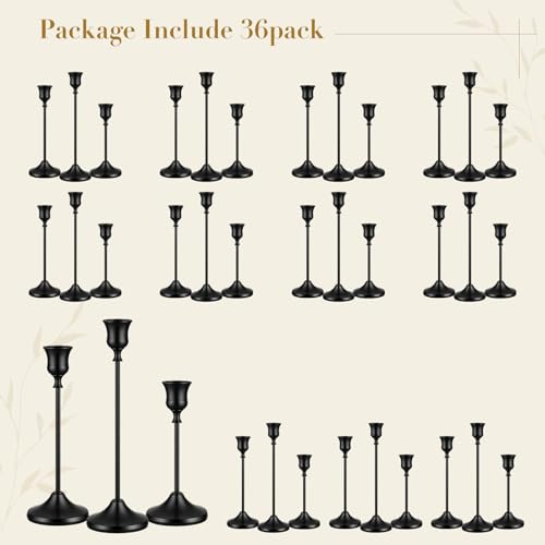 36 Pack Black Metal Taper Candle Holders Set - Rustic Modern Decor