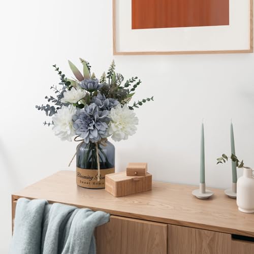 Fake Flowers in Vase - Blue Dahlias with Black Vase - Home Decor