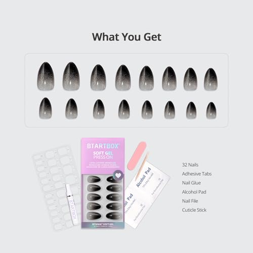 BTArtbox Press On Nails - Grave Shine Short Almond Sparkle Black 32Ct