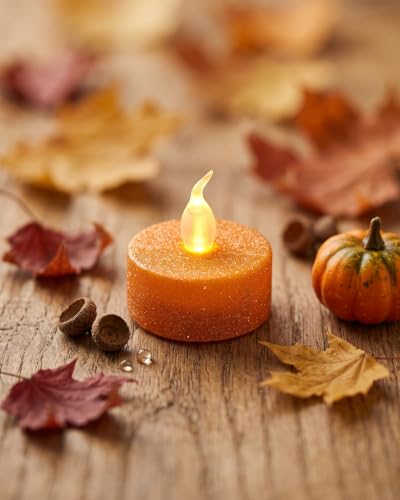 Orange Glitter Tea Lights Candles with Timer - 12PCS Flameless Flickering Lights