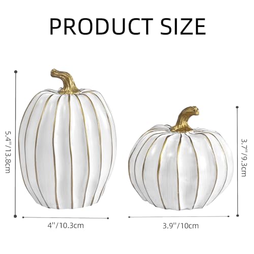 White Fall Pumpkin Decor Set - 2 Resin Pumpkins with Gold Stems for Home