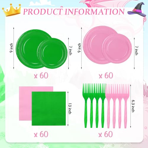 Pink and Green Witch Party Paper Plates Napkins Forks Set for Halloween & Princess Events - 240 Pieces