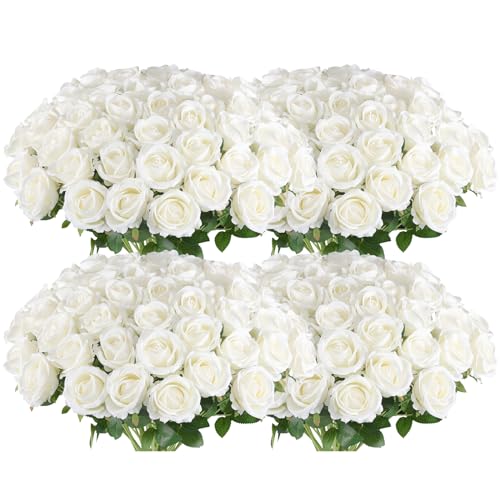 Artificial Roses Bulk 100 Pcs - White Silk Flowers for Wedding & Decor - Timeless & Reusable