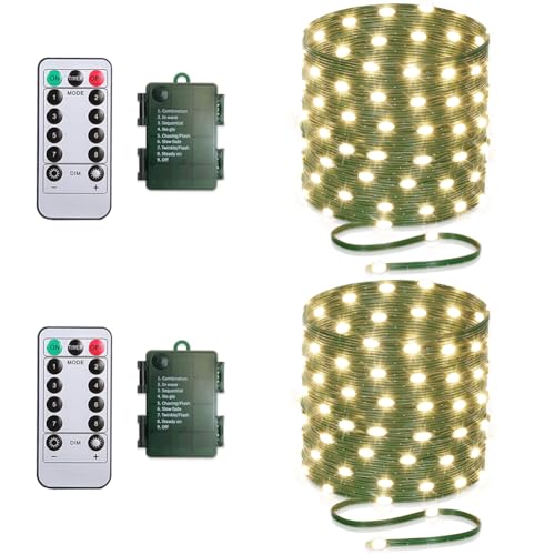 Green Wire Battery Operated String Lights 33ft Warm White with Remote & Timer